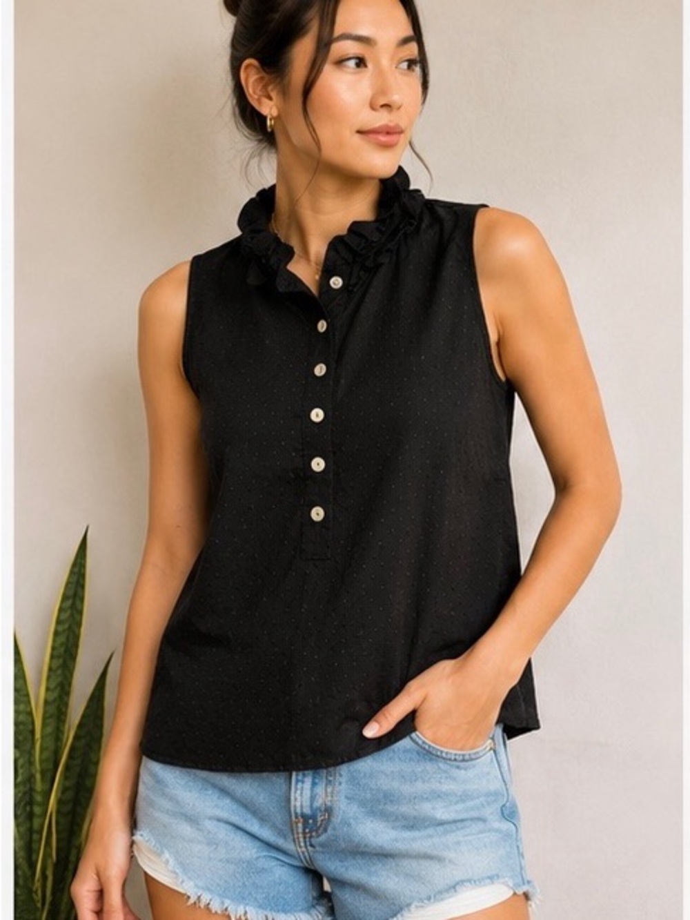 Tommy Hilfiger Black Ruffle Neck Sleeveless Button Camisole
